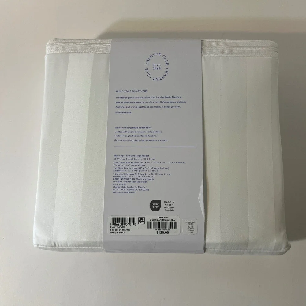 Charter Club‎ Damask Collection Twin Extra Long Sheet Set 550TC Cotton NIP